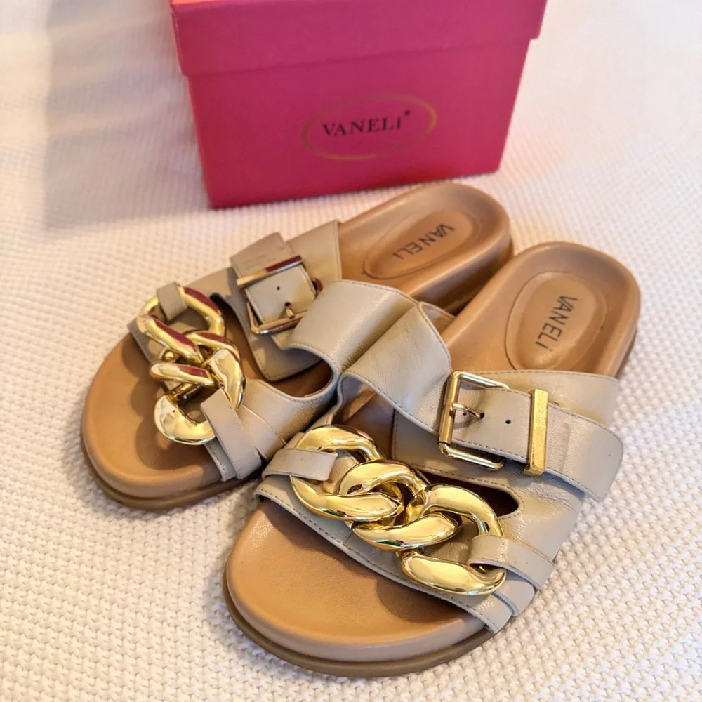 VANELI Farasy Soft Beige & Gold Chain Slide Sandals Women’s Shoes